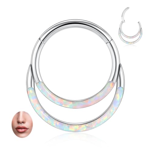 GAGABODY Septum Jewelry 16 Gauge Earrings Double Hoop Daith Earring Surgical Steel Hinged Nose Rings Nose Hoop Helix Tragus Rook Piercing - color: Style6:1pc-Silver+White Opal Double Hoop