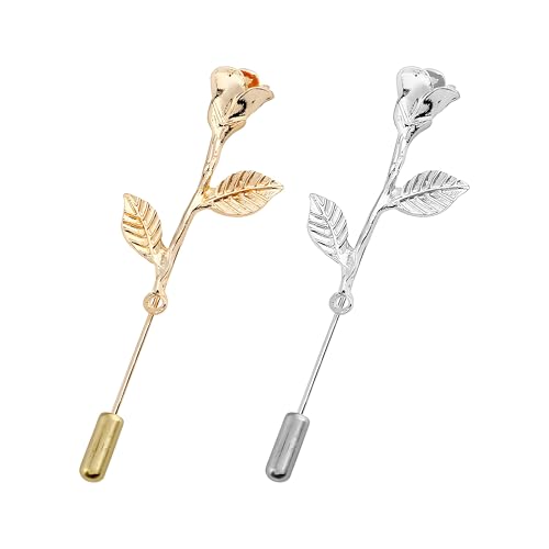 Dreuyet Simple Gold Silver Plated Long Brooch Pins with Cute Animal Antlers Leaves Plant Bees Rabbits Rose Flower Feather Brooch Jewelry for Women Men Elegant Suit Collar Lapel Pin - style: Rose