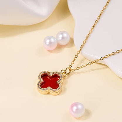 Clover Necklace For Women 18k Gold Plated Silver Lucky Four Leaf Clover Pendent Necklaces Trendy Dainty Jewelry Gifts for Women - color: Gold-Red
