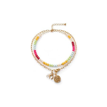 Colorful Acrylic Beaded Necklace For Women, Boho Double Layer Rainbow Beads Thick Cuban Chain Chunky Heart Pendant Statement Choker Summer Beach Jewelry Gift - color: Colorful Gold Hand