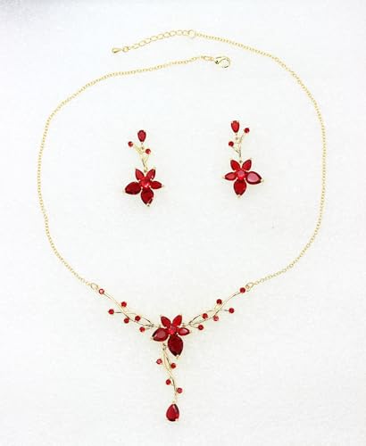 Faship Gorgeous CZ Crystal Floral Necklace Earrings Set - color: Red / 14K gold plated