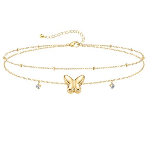 Gold/Sterling Silver Anklet Bracelets for Women Waterproof, Non Tarnish 925 Sterling Sliver Plated Heart Evileye Butterfly Charm, Dainty Summer Beach Anklets for Women, Beach Vacation Bikini Outfits for Her Mom - style: Butterfly-Gold