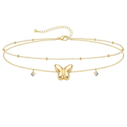 Gold/Sterling Silver Anklet Bracelets for Women Waterproof, Non Tarnish 925 Sterling Sliver Plated Heart Evileye Butterfly Charm, Dainty Summer Beach Anklets for Women, Beach Vacation Bikini Outfits for Her Mom - style: Butterfly-Gold
