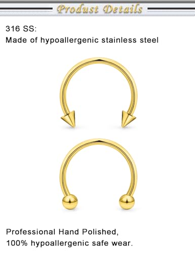 6PCS Septum Rings 18G Stainless Steel Nose Septum Ring Horseshoe Earring Eyebrow Lip Smiley Piercing Jewelry for Women Men Inner Diameter 8mm/10mm/12mm - color: goldtone,ball+spike closure