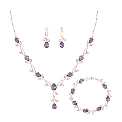 Crysdue Wedding Jewelry Set for Brides Bridesmaid, Cubic Zirconia Teardrop Marquise Leaf Cluster Pendant Necklace Bridal Tennis Bracelet Drop Earrings for Women Party Prom - style: A- CZ set-purple, rose gold