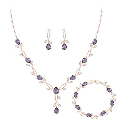 Crysdue Wedding Jewelry Set for Brides Bridesmaid, Cubic Zirconia Teardrop Marquise Leaf Cluster Pendant Necklace Bridal Tennis Bracelet Drop Earrings for Women Party Prom - style: A- CZ set-purple, rose gold