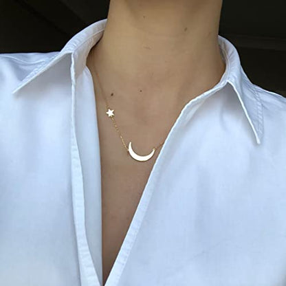 Dainty Moon and Star Pendant Necklace for Women 14K Gold Crescent Moon Long Necklace Delicate Tiny Star Charm Necklace Minimalist Jewelry - style: Sideways Moon+Star-GD