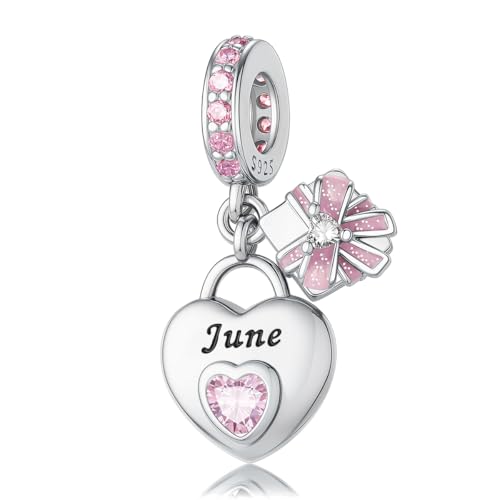HappyStar 925 Sterling Silver Happy Birthday Bead Charm Love Heart Shape Birthstone Charms for Bracelets Dangle Pendant with 5A Cubic Zirconia Compatible Pandora Bracelets Jewelry Gift for Women - color: 6-June Birthstone Charms