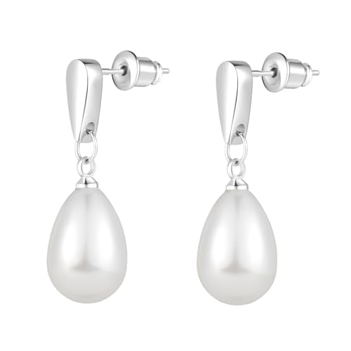 14k Gold Plated Lightweight Pearl Earrings,Trendy Jewelry,Teardrop Hoop Earrings for Women,Pearl Drop Earrings,Elegant Jewelry for Gifts - color: silver-pearl dangle