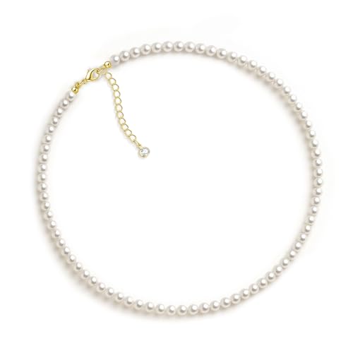 Zeffy Pearl Necklace 4MM/6MM/8MM Dainty Round Imitation Pearl Choker Necklace Wedding Pearl Necklace Delicate Jewelry for Women Simple Bridesmaid Jewelry Gifts - style: 4mm Gold Pearl Necklace(14"+2")
