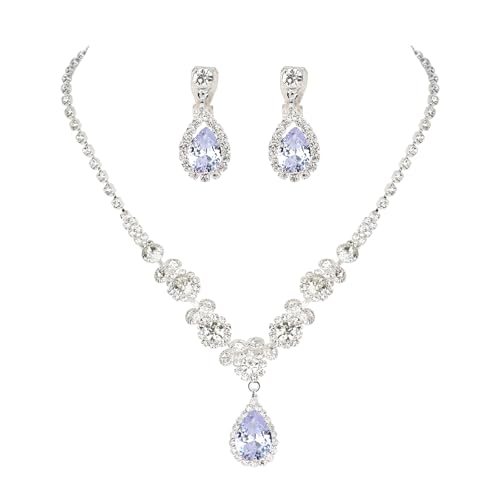 CIEHER Silver 2/3 Pieces Women Jewelry Set - Drop Necklace + Crystal Teardrop Dangle Earring Clips, Crystal Clip On Earrings Silver Non Pierced - style: Clip On - Style B