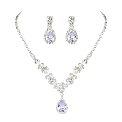 CIEHER Silver 2/3 Pieces Women Jewelry Set - Drop Necklace + Crystal Teardrop Dangle Earring Clips, Crystal Clip On Earrings Silver Non Pierced - style: Clip On - Style B
