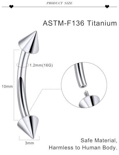 20G 18G 16G 14G 12G 8G 6G 4G 2G Astm F136 Titanium Internal Thread Eyebrow Piercing Jewelry Curved Barbell Vertical Labret Lip Daith Rook Earrings Navel Belly Button Ring Piercing Jewelry - style: 16G, 10MM Length-Spike