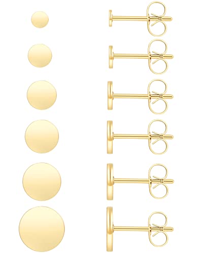 Unisex 6 Pairs Dot Stud Earrings, Surgical Steel Gold Plated Black Tiny Flat Disc Stud Earrings for Women Men - color: Gold-2/3/4/5/6/8mm