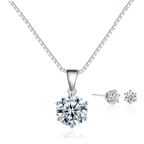 Dainty Solitaire Necklaces Stud Earrings Set For Women,White Gold Plated Simple Prom Jewelry Set Cubic Zirconia Pendant Choker Necklace And Earring Sets Wedding Jewelry For Bridal - color: 6 Prong necklace stud set