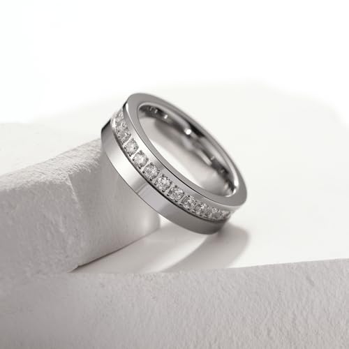 King Will Mens Tungsten Wedding Band with Cubic Zircon Inlay 7mm/8mm Flat Cut Comfort Fit Engagement Rings - color: Silver&White-6mm