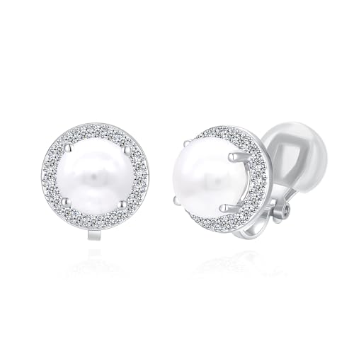 YOQUCOL 8MM Cubic Zirconia Crystal Clip On Stud Earrings Round Non Pierced Earrings for Women - color: Pearl