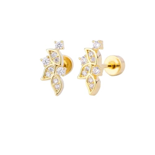 Crystal Leaf Cartilage Tiny Stud Earrings Stainless Steel Cubic Zirconia Leaves Flower Screw Flat Back Tragus Helix Studs Earring for Women Girls Men Dainty Jewelry Gifts 18G - color: Gold