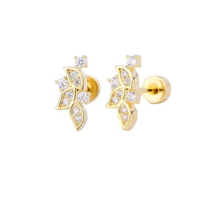 Crystal Leaf Cartilage Tiny Stud Earrings Stainless Steel Cubic Zirconia Leaves Flower Screw Flat Back Tragus Helix Studs Earring for Women Girls Men Dainty Jewelry Gifts 18G - color: Gold