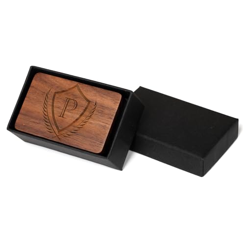 Mens Initial Cufflinks and Tie Clip A-Z Alphabet Letter Black Stainless Cuff Links Tie Bar with Engraved Walnut Wood Box Groom Groomsman Wedding Set - style: Classic-P