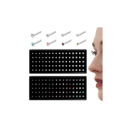 LOLIAS 80-160Pcs Surgical Steel Nose Rings Studs for Women Hypoallergenic | Straight or L Shaped Small Nose Studs Pin,Hypoallergenic 20G 22G Tiny Bone Nose Piercing Jewelry, 1.5/2/2.5/3 mm CZ Mix - color: 160Pcs 22G Straight（white&multicolor）