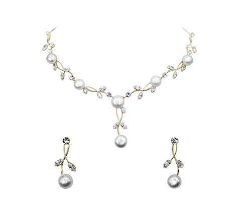 Faship Genuine Freshwater Pearls Floral Necklace Earrings Set | Premium CZ Crystal, Gorgeous, Sparkling - color: Clear/Gold-plated