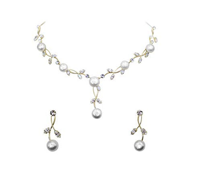 Faship Genuine Freshwater Pearls Floral Necklace Earrings Set | Premium CZ Crystal, Gorgeous, Sparkling - color: Clear/Gold-plated
