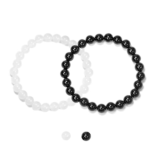 2PCS Agate Bracelet for Women Men Natural Round Beaded Agates Stone Healing Stretch Bracelets Elastic Handmade Polished Gemstone Beads Bracelet - color: Black+White, size: 8mm Beads