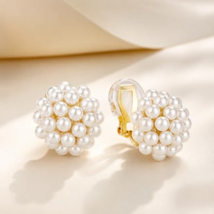 Minimalist Simulated Pearl Flower-Cluster Shape Non-pierced Clip On Earring | Clasp earrings | No piercing required | Pearl flower