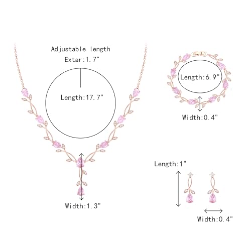 Crysdue Wedding Jewelry Set for Brides Bridesmaid, Cubic Zirconia Teardrop Marquise Leaf Cluster Pendant Necklace Bridal Tennis Bracelet Drop Earrings for Women Party Prom - style: A- CZ set-pink, rose gold