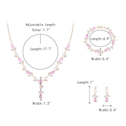 Crysdue Wedding Jewelry Set for Brides Bridesmaid, Cubic Zirconia Teardrop Marquise Leaf Cluster Pendant Necklace Bridal Tennis Bracelet Drop Earrings for Women Party Prom - style: A- CZ set-pink, rose gold