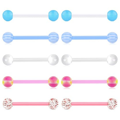 Zolure 10Pcs 14G Tongue Rings Acrylic Candy Color Tongue Piercing Jewelry Flexible Plastic Nipple Rings Tongue Barbells for Women 16mm - color: Pink+Blue 10pcs
