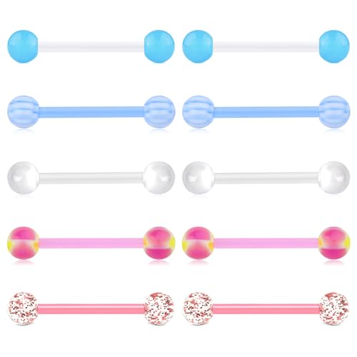 Zolure 10Pcs 14G Tongue Rings Acrylic Candy Color Tongue Piercing Jewelry Flexible Plastic Nipple Rings Tongue Barbells for Women 16mm - color: Pink+Blue 10pcs