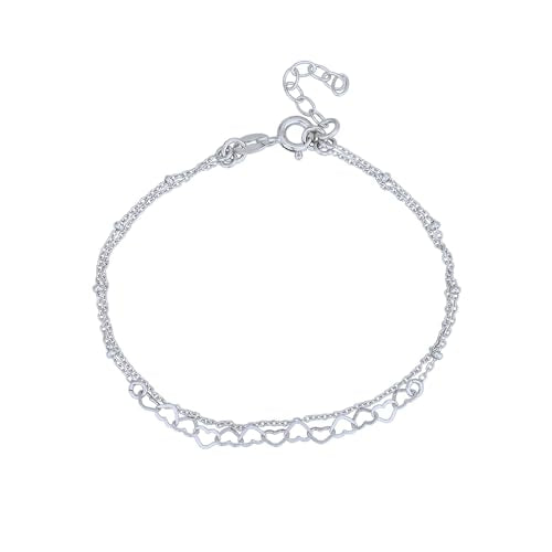 Vanbelle Genuine Sterling Silver Jewelry - Rhodium Plated with 925 Stamp - Interlinked Hearts Charm Bracelet - Handcrafted with Multi Chain for Women - 6.5" long + 1" extender