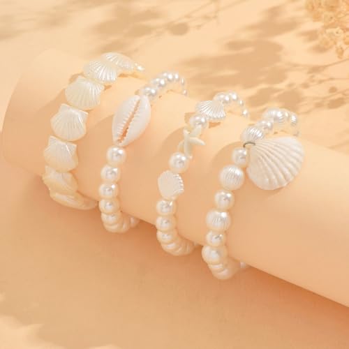 Pearl Bracelets for Women Simulated Pearl Beaded Bracelet White Pearls Stackable Stretch Bracelet Set Multilayered Elastic Pearls Bracelets for Women Bridesmaid Bridal Jewelry - color: shell