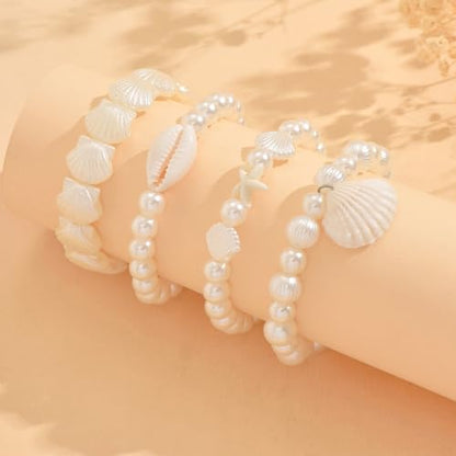 Pearl Bracelets for Women Simulated Pearl Beaded Bracelet White Pearls Stackable Stretch Bracelet Set Multilayered Elastic Pearls Bracelets for Women Bridesmaid Bridal Jewelry - color: shell