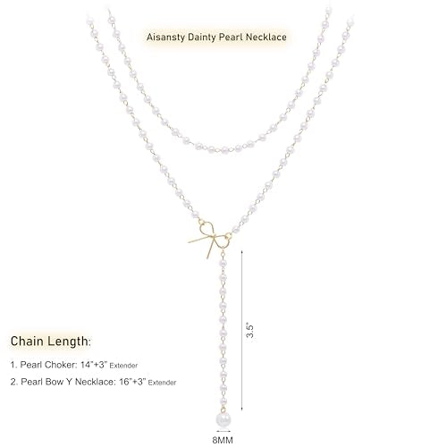 Layered Pearl Necklaces for Women 14K Gold Plated Trendy Faux Pearl Drop Y Necklace Dainty Pearl Choker Gold Layering Necklace,Jewelry Gift for Her,Mother,Wife,Girlfriend - style: Bow&Pearl Y Necklace