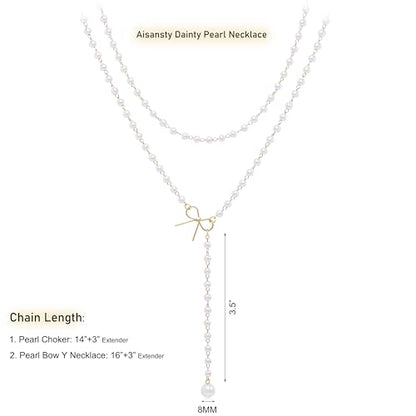 Layered Pearl Necklaces for Women 14K Gold Plated Trendy Faux Pearl Drop Y Necklace Dainty Pearl Choker Gold Layering Necklace,Jewelry Gift for Her,Mother,Wife,Girlfriend - style: Bow&Pearl Y Necklace