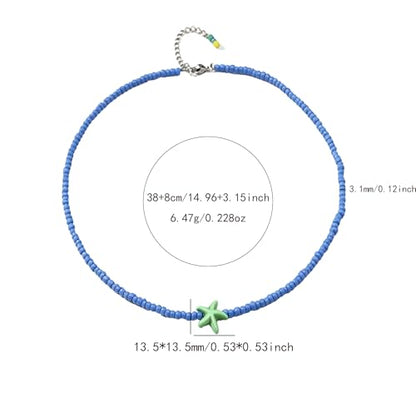 Seed Bead Choker Necklace for Women Bohemian Tiny Beads Choker Colorful Rice Bead Starfish Choker Summer Surfer Beach Necklace Jewelry Gift - color: Blue