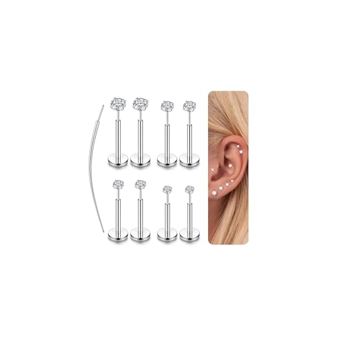 LOLIAS 14K Gold Plated Threadless Nose Studs, Nose Rings for Women 20G 18G | Hypoallergenic 316L Surgical Steel Labret Studs, Push In Flat Back Earrings, CZ Nose Nostril Tragus Helix Piercing Jewelry - color: Silver Tone, size: 16G-2/2.5/3/4mm CZ