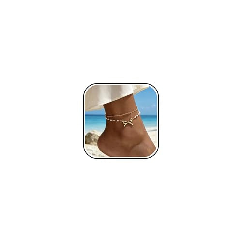 Frodete Bow Anklet for Women Layered Faux Pearl Ankle Bracelet Adjustable Summer Beach Foot Jewelry Gift Accessory