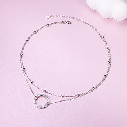 Ladytree S925 Sterling Silver Dainty Simple Choker Necklace,Rolo Chain,Adjustable 13 inches to 16 inches - style: 13_Layer CZ Circle Choker