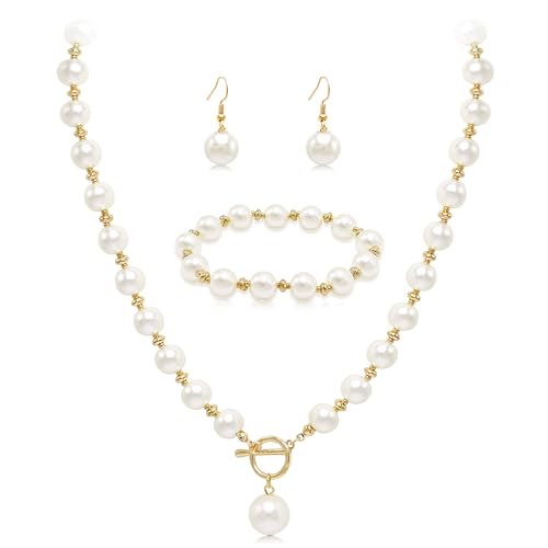 Cryshimmer Pearl Choker Necklace for Women Faux Pearl Beads Strand Necklace Earring Set Costume Jewelry,Gift for Wife Mother - color: Elegant Set