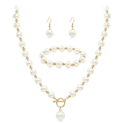 Cryshimmer Pearl Choker Necklace for Women Faux Pearl Beads Strand Necklace Earring Set Costume Jewelry,Gift for Wife Mother - color: Elegant Set