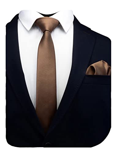 GUSLESON 2.4" Slim Necktie and Handkerchief Set For Men Solid Skinny Tie Set - color: Dark Brown