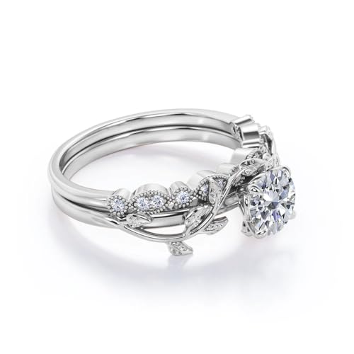 Center 1 CT Round Cut Floral Moissanite Wedding Rings Sets for Women Leaf and Vine Art Deco Engagement Ring Sets in S925 Sterling Silver 10K 14K 18K Gold with Text Engraving - color: Style A