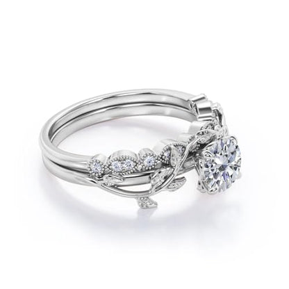 Center 1 CT Round Cut Floral Moissanite Wedding Rings Sets for Women Leaf and Vine Art Deco Engagement Ring Sets in S925 Sterling Silver 10K 14K 18K Gold with Text Engraving - color: Style A