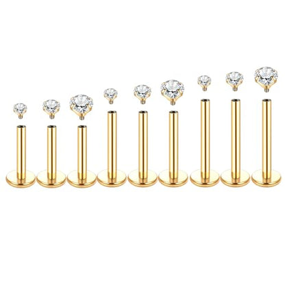 Xpircn Flat Back Stud Earrings 14K Gold Plated Internally Threaded CZ Stud Piercing Jewelry for Tragus Helix Cartilage Conch Nose Hypoallergenic Lip Labret Medusa Piercing 16G 18G - color: 18 Gauge, Gold, size: Mixed (8/10/12mm) Bar