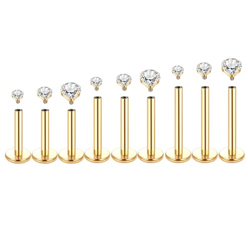 Xpircn Flat Back Stud Earrings 14K Gold Plated Internally Threaded CZ Stud Piercing Jewelry for Tragus Helix Cartilage Conch Nose Hypoallergenic Lip Labret Medusa Piercing 16G 18G - color: 18 Gauge, Gold, size: Mixed (8/10/12mm) Bar