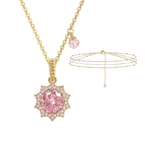 MEVECCO 14K Gold Plated Radiant Sun Necklace & Layered Satellite Chain Bead Bracelet Set for Women, Cubic Zirconia Birthstone Removable Pendant Design, Dainty Simple Jewelry